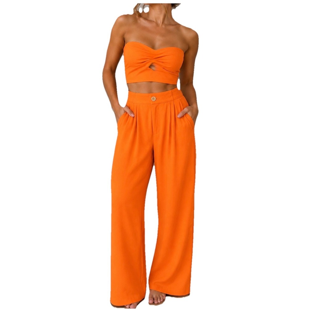Monteau Linen Blend Orange Strapless Top Pants Set Size Medium